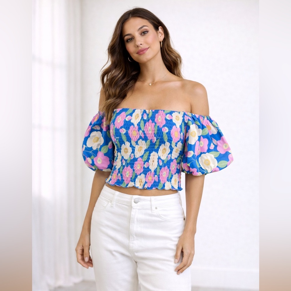 Altar'd State Bright Blue Pink Floral Off-Shoulder Smocked Crop Top Sz Small